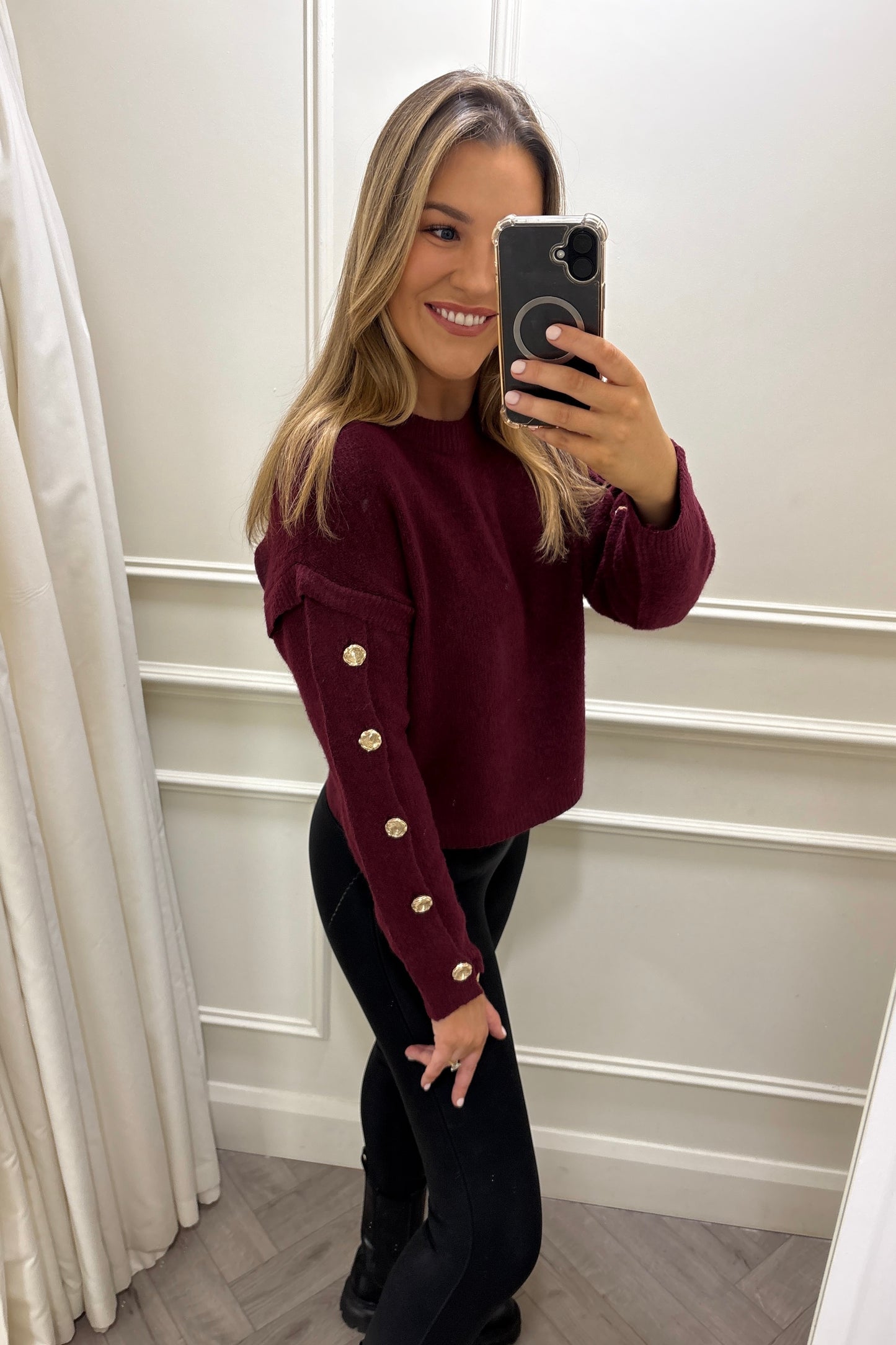 Harriet Gold Button Knit Burgundy