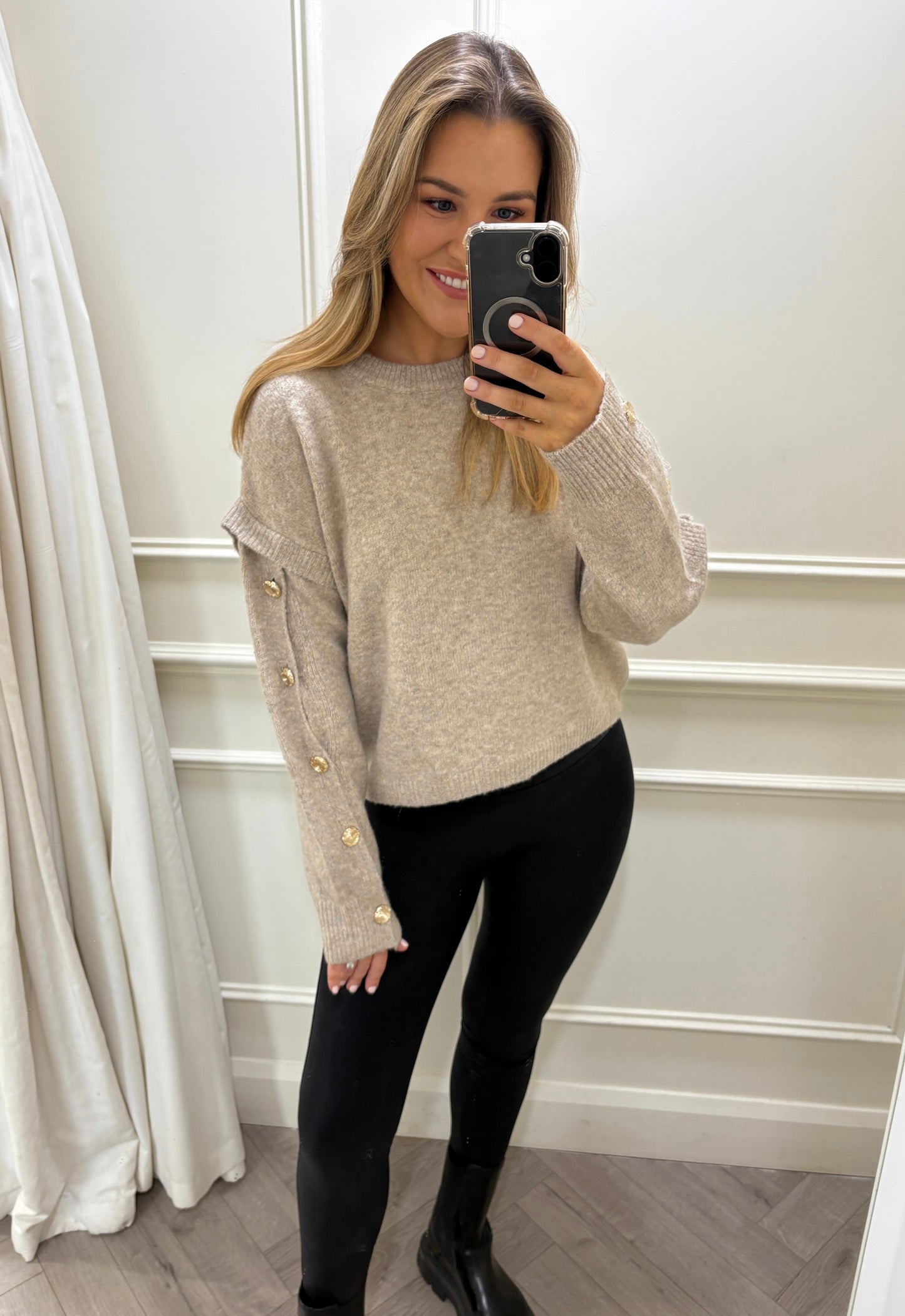 Harriet Gold Button Knit Beige
