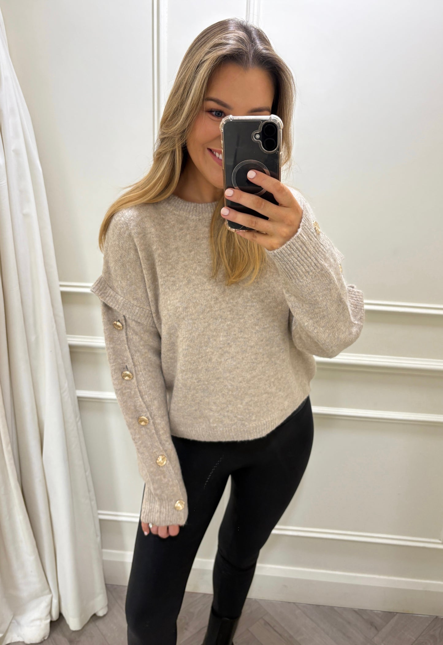 Harriet Gold Button Knit Beige