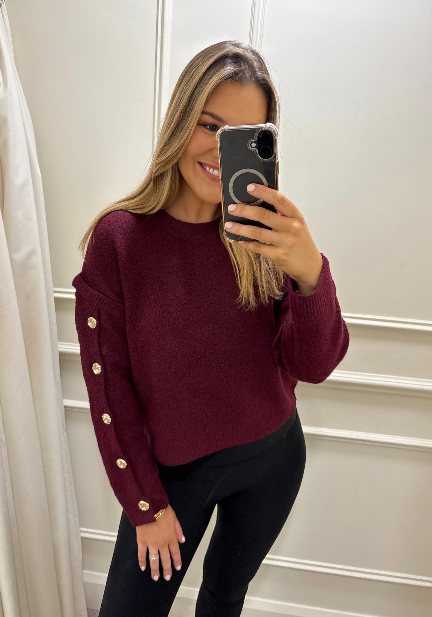 Harriet Gold Button Knit Burgundy