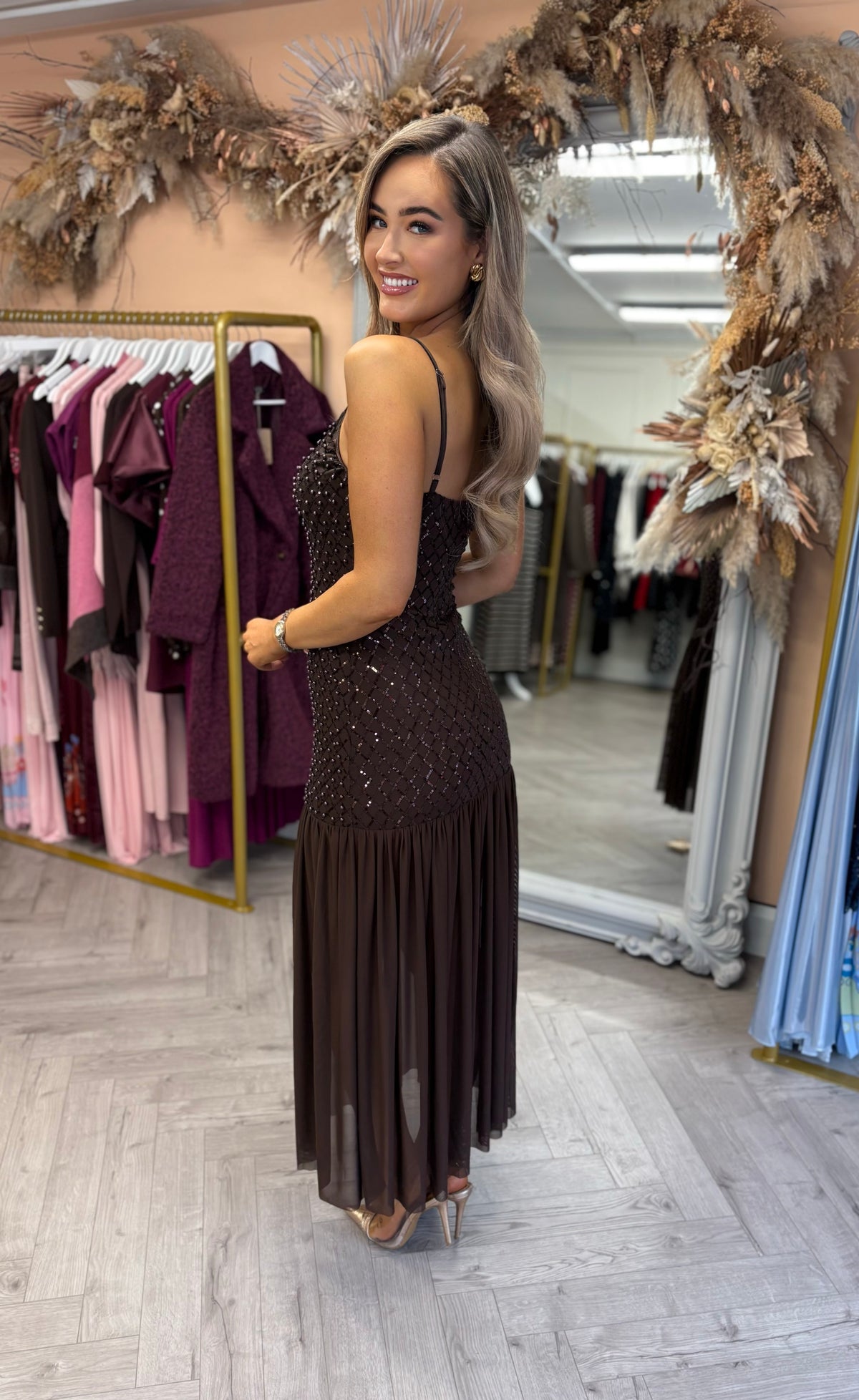 Harper Embellished Dress Brown
