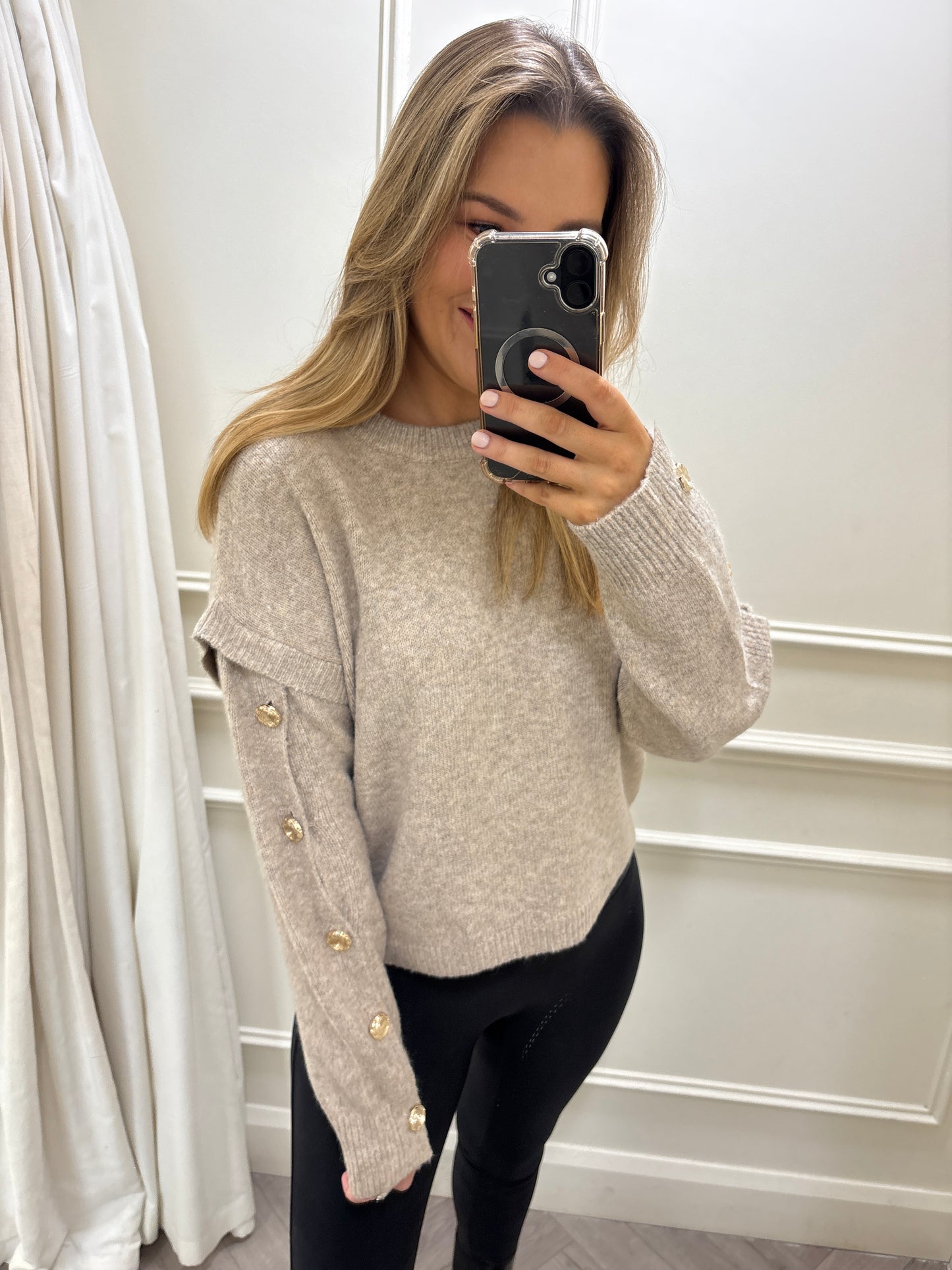 Harriet Gold Button Knit Beige