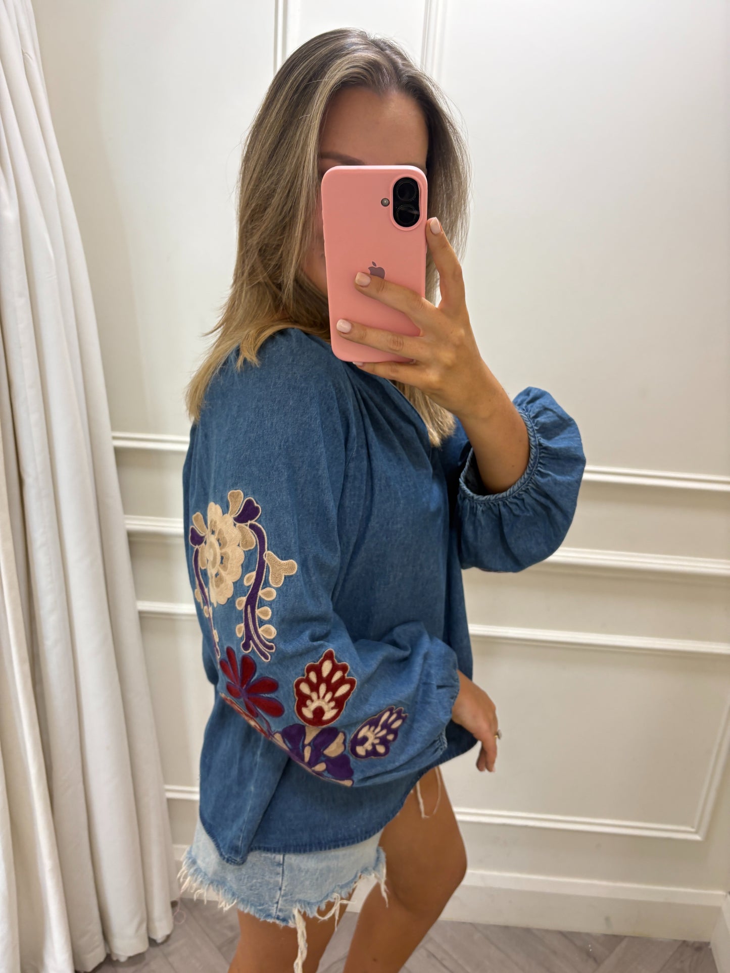 Carly Top Denim Embroidered