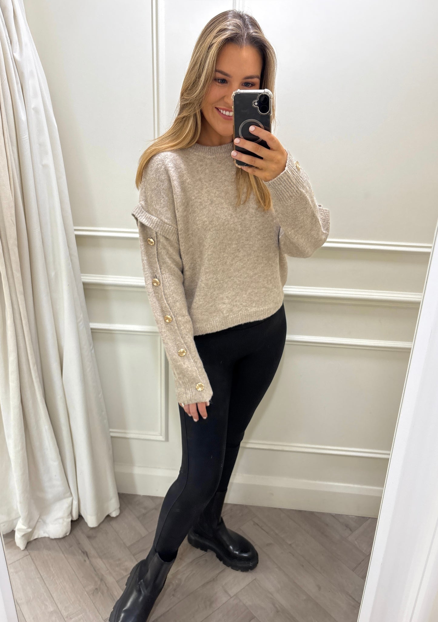Harriet Gold Button Knit Beige