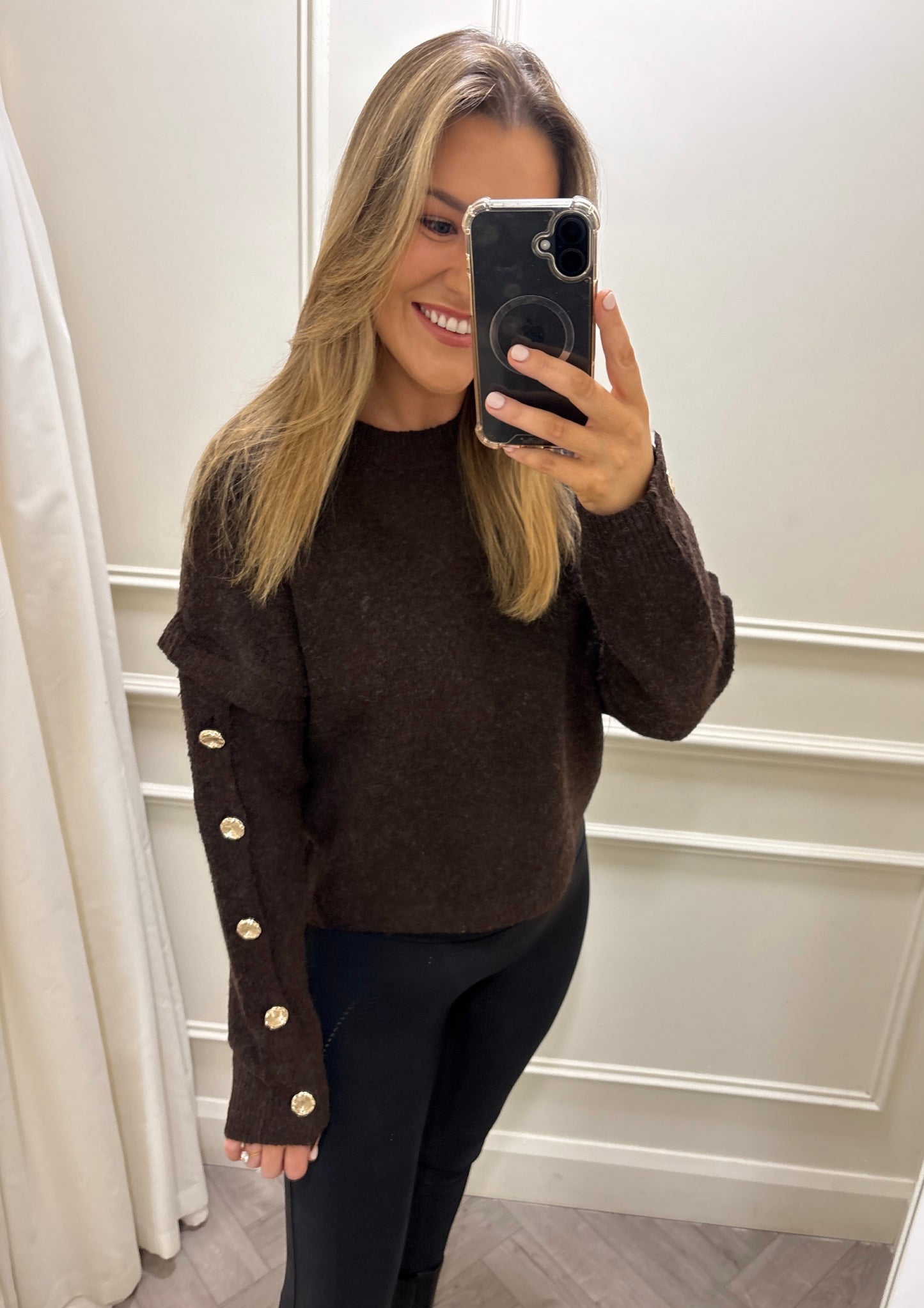 Harriet Gold Button Knit Brown