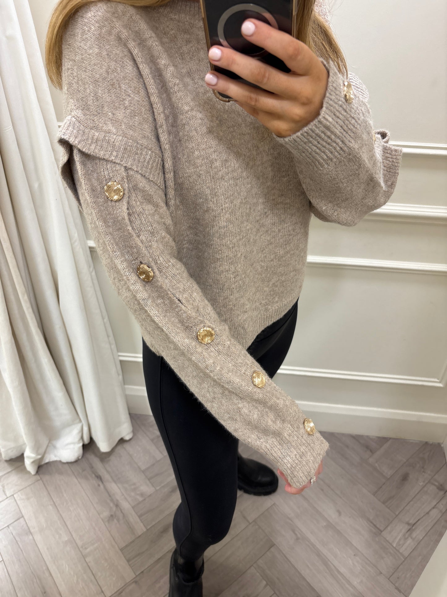 Harriet Gold Button Knit Beige
