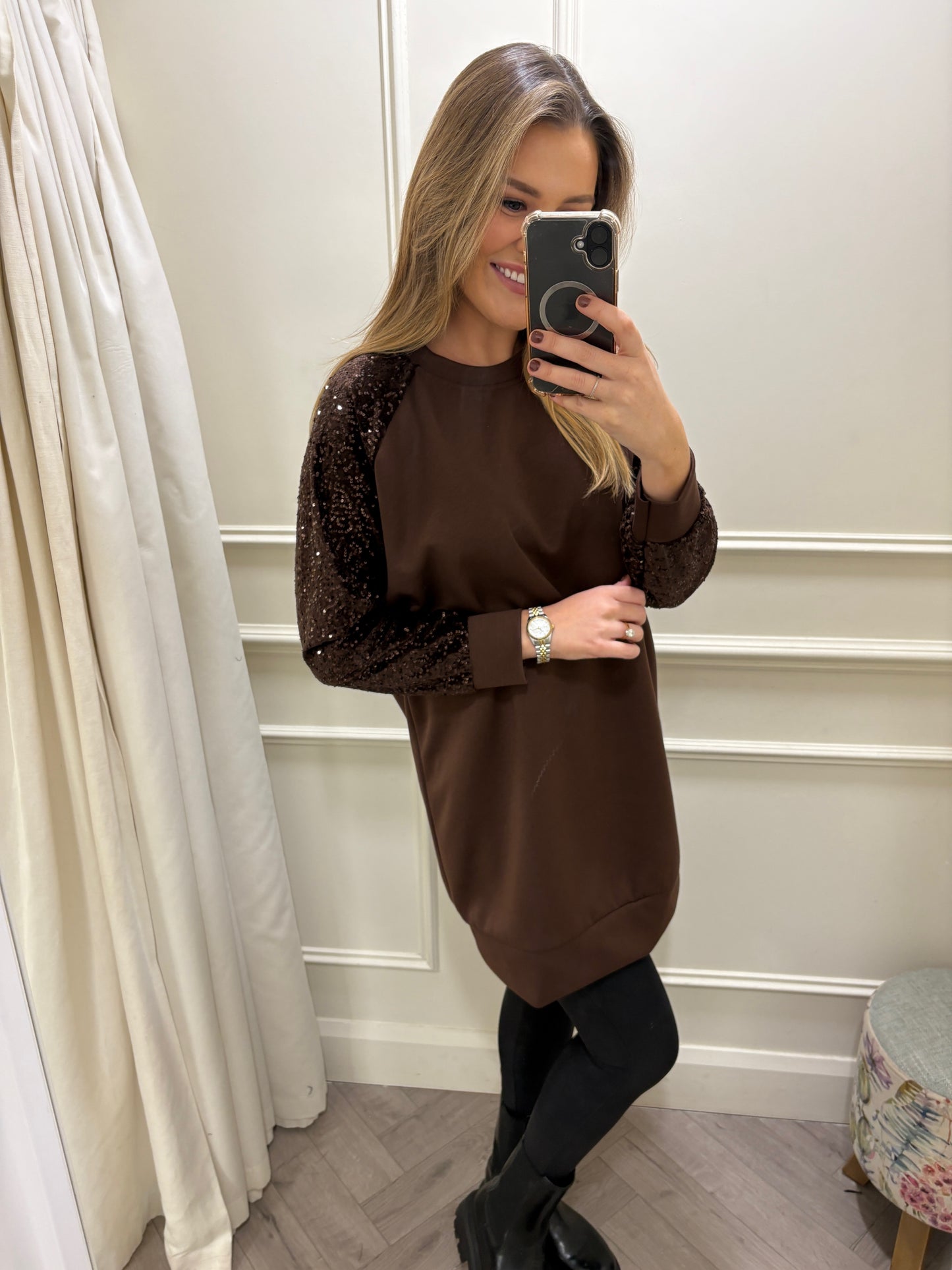 Rosie Sequin Longline Jumper Brown
