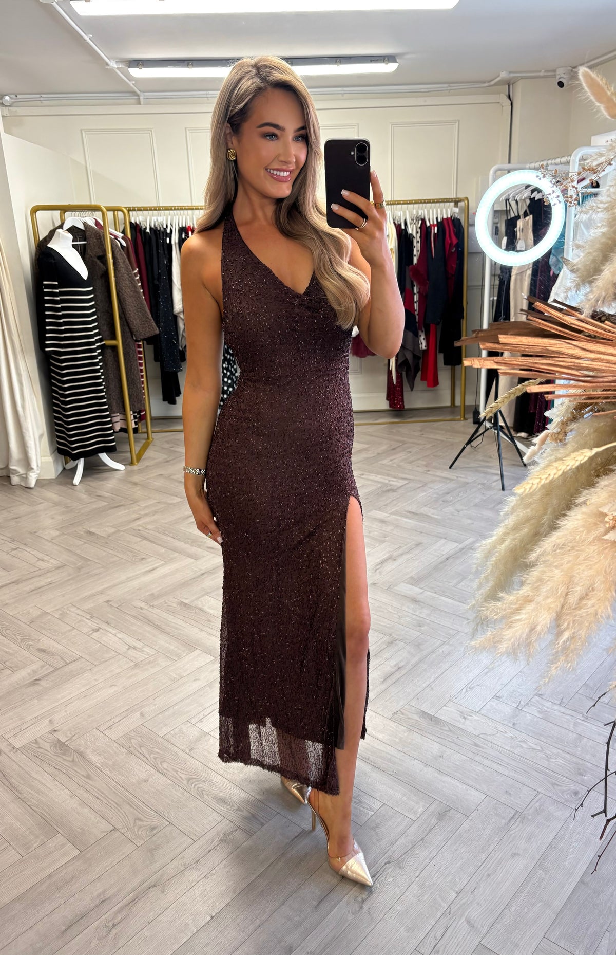 Mabel Embellished Dress Brown