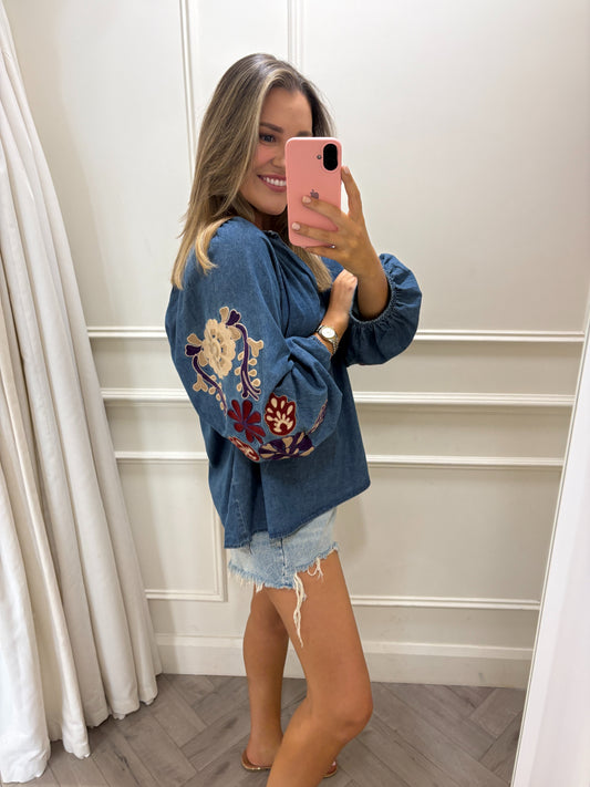 Carly Top Denim Embroidered