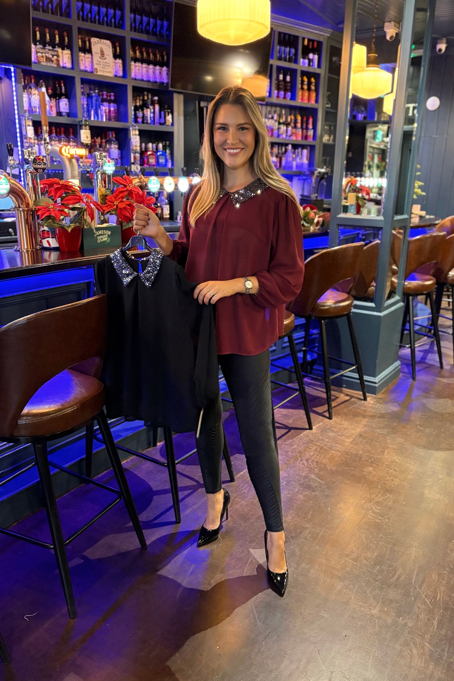 Tyla Sparkle Collar Top Burgundy