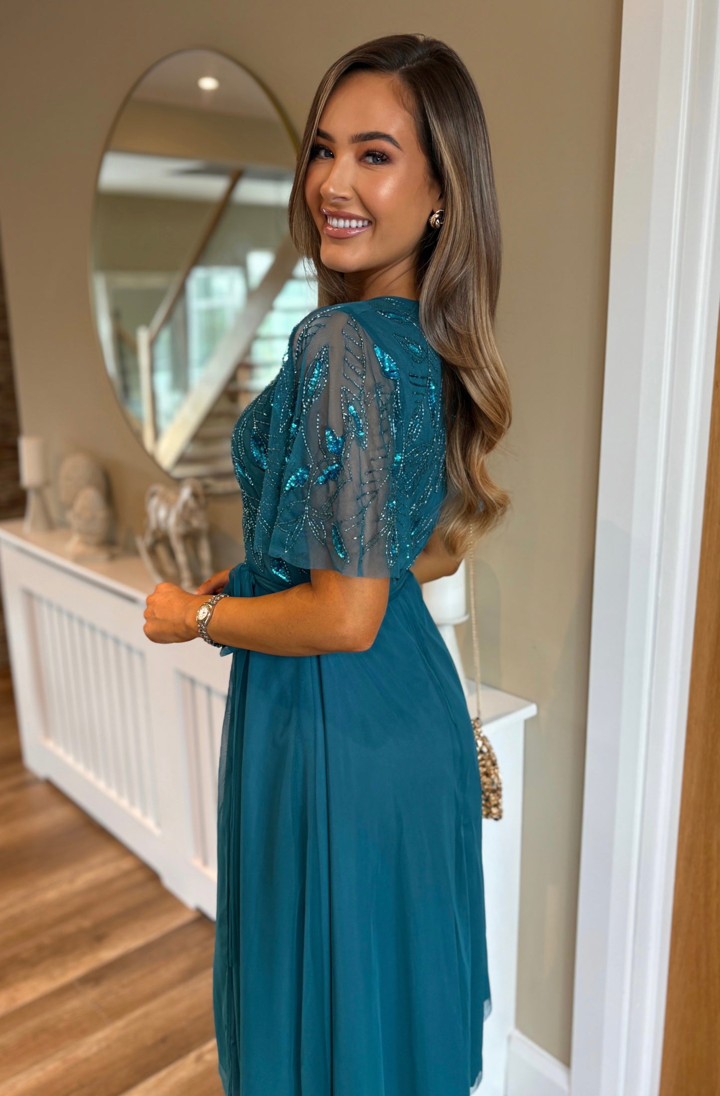 Alexis Wrap Embellished Dress Teal