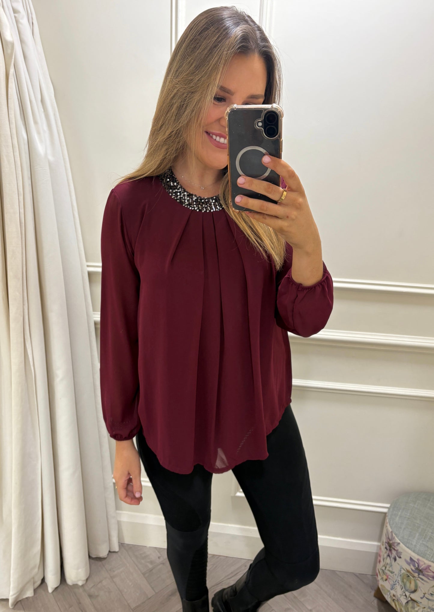 Veena Top Burgundy Round Neck