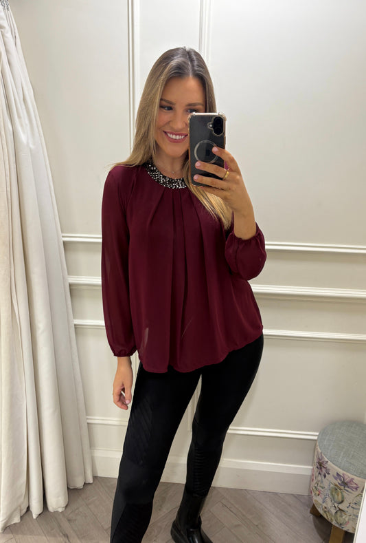 Veena Top Burgundy Round Neck