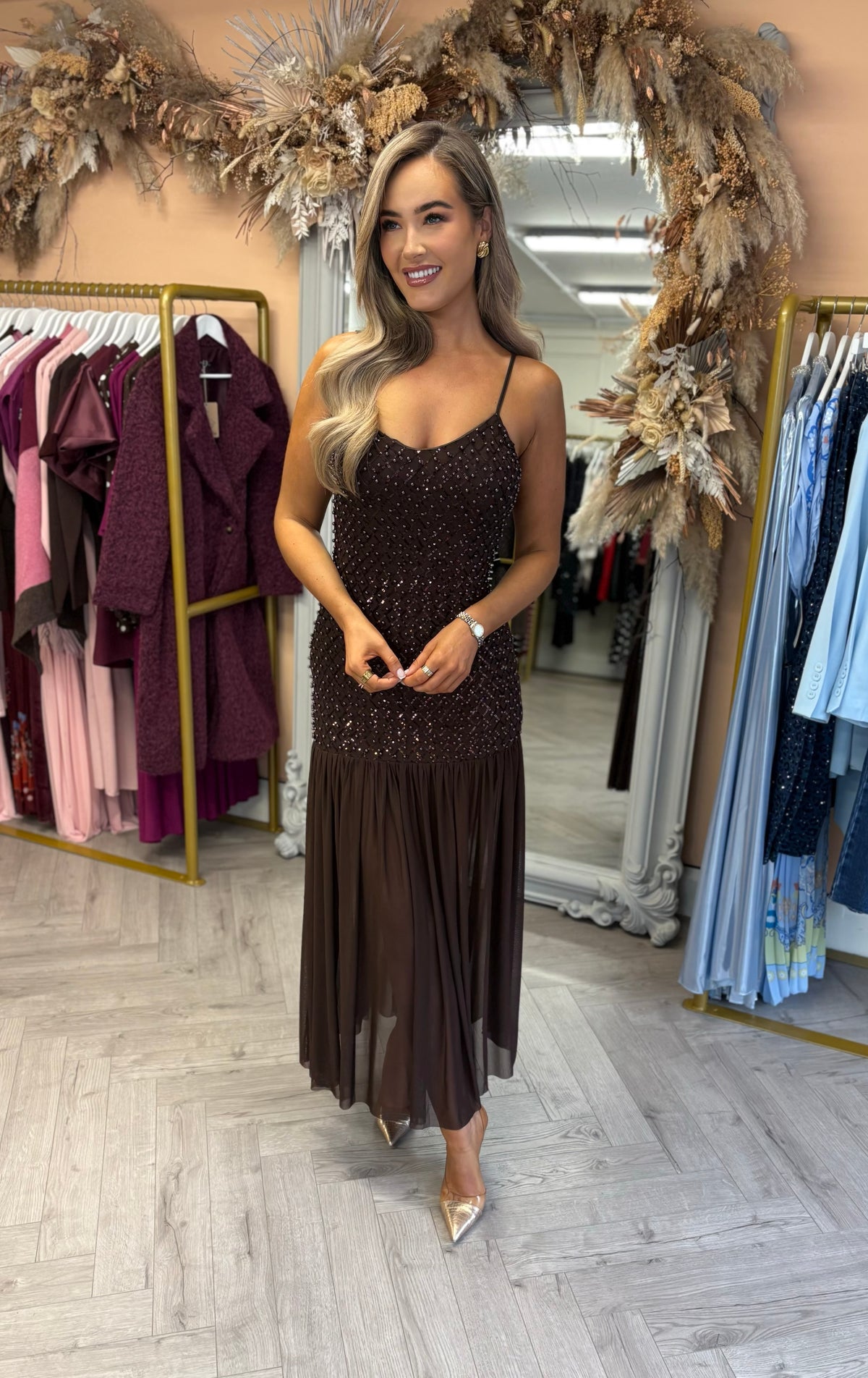 Harper Embellished Dress Brown