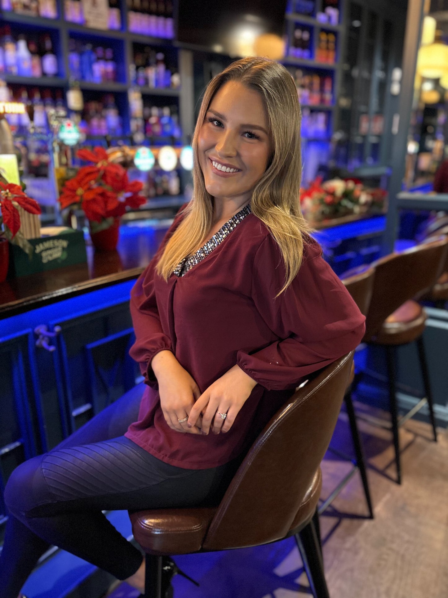 Callie V Neck Sparkle Top Burgundy