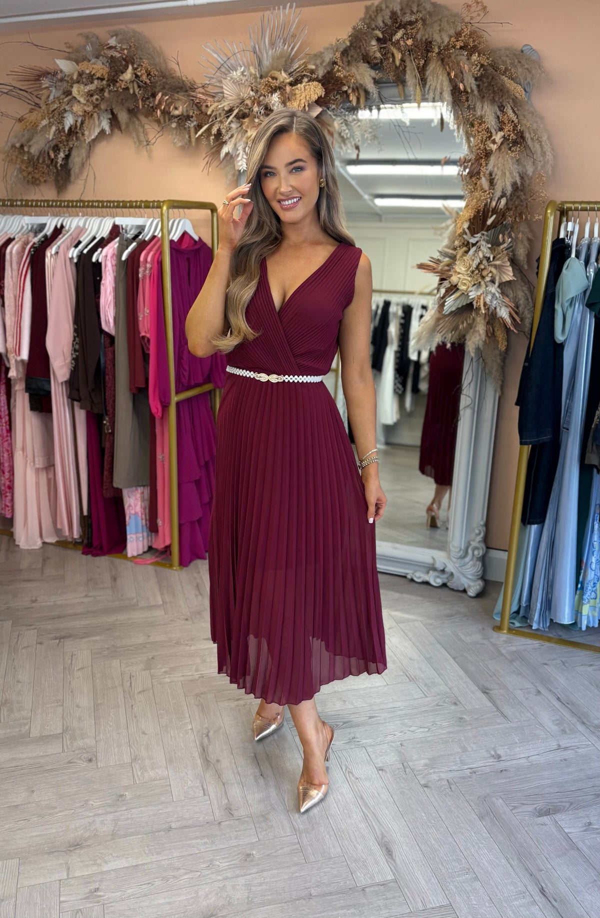 Amelia Dress Burgundy *Belt sold separately*