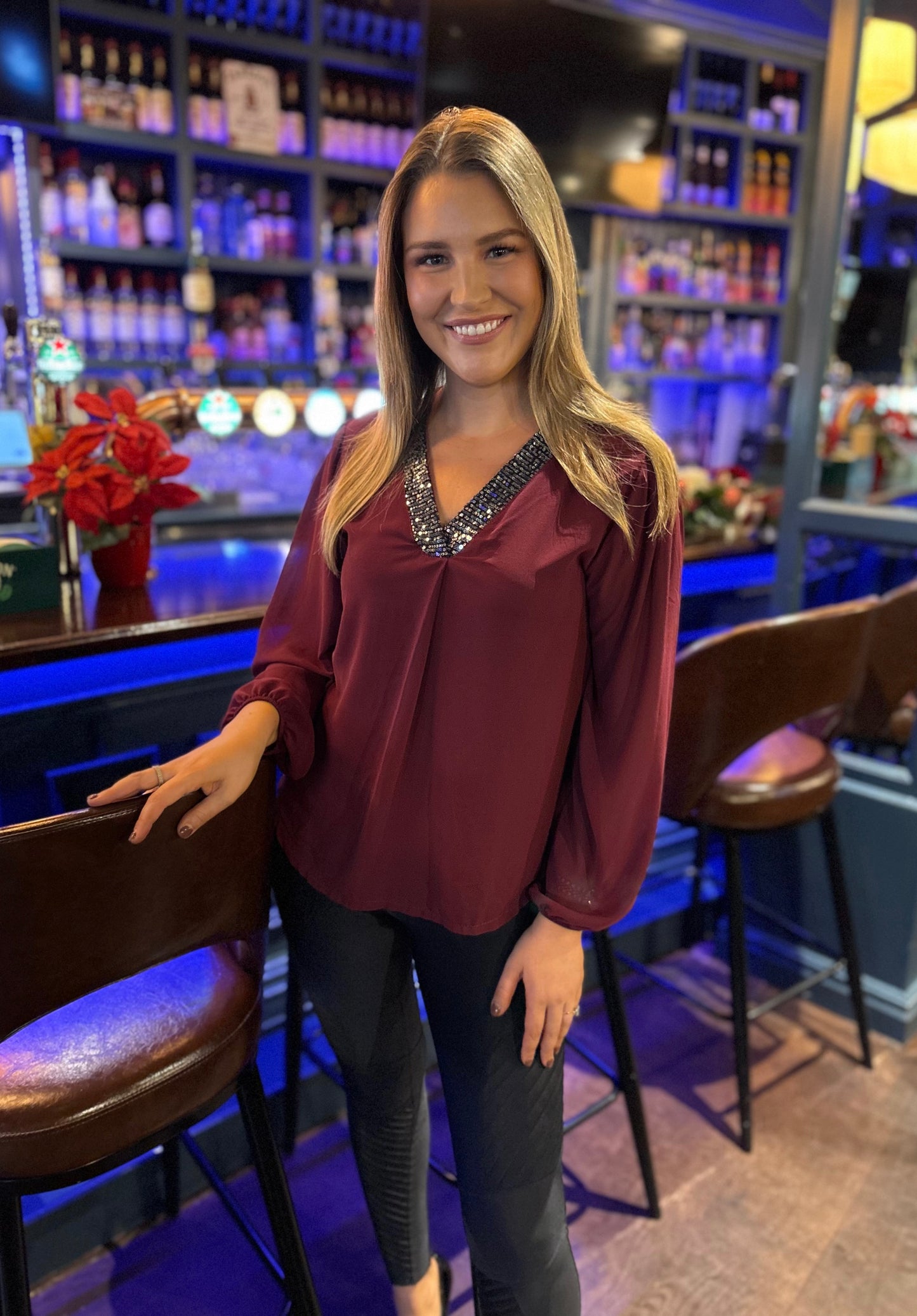 Callie V Neck Sparkle Top Burgundy