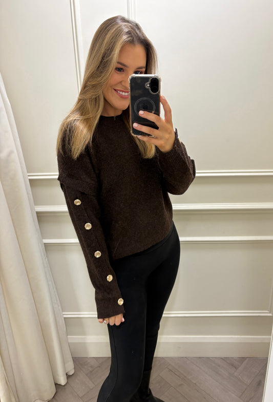 Harriet Gold Button Knit Brown