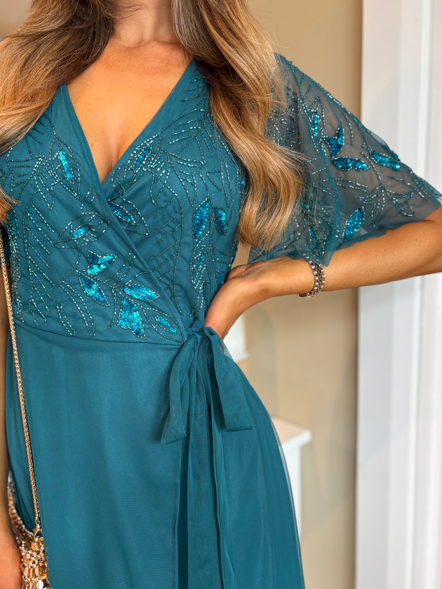 Alexis Wrap Embellished Dress Teal