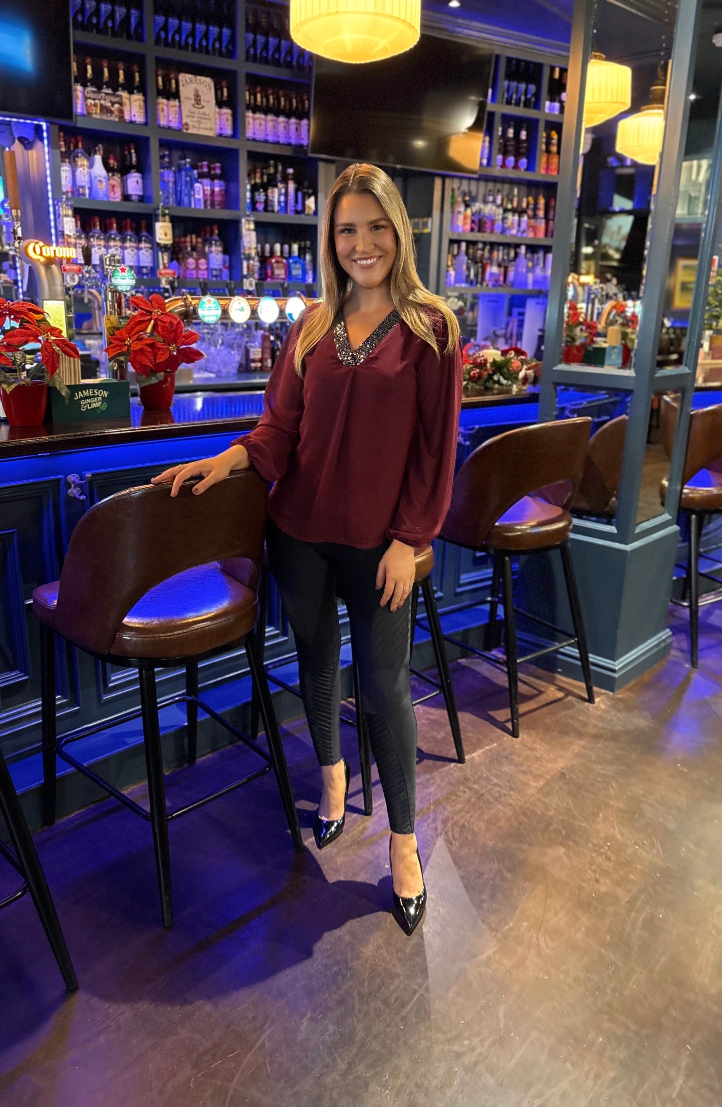 Callie V Neck Sparkle Top Burgundy