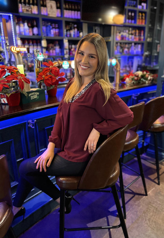 Callie V Neck Sparkle Top Burgundy