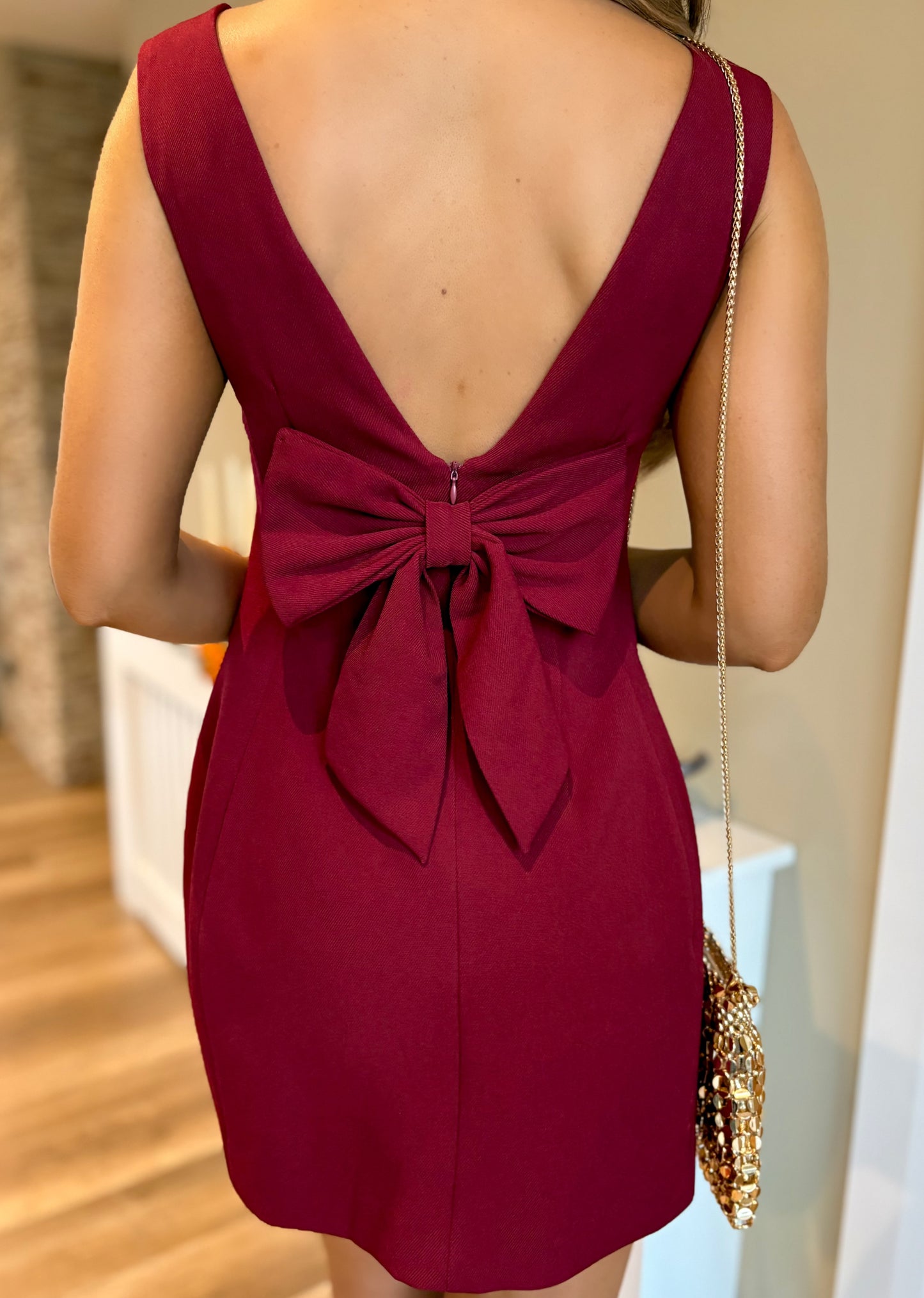 Elara Bow Dress Burgundy