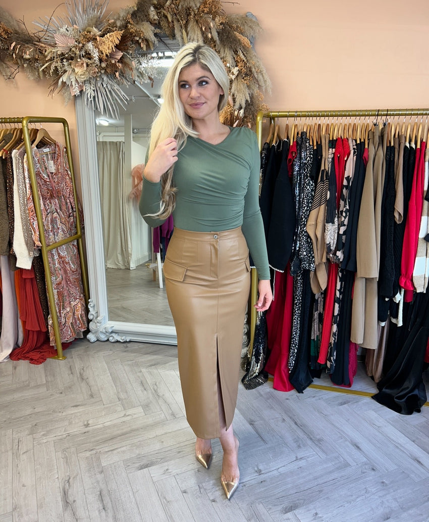 Kaylee Faux Leather Skirt Camel