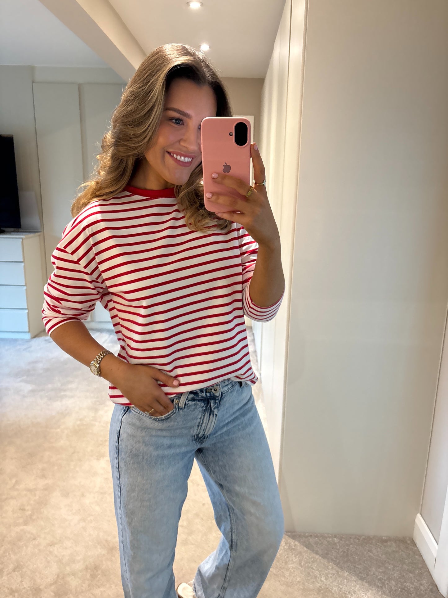Rhena Long Sleeve Top Red & White