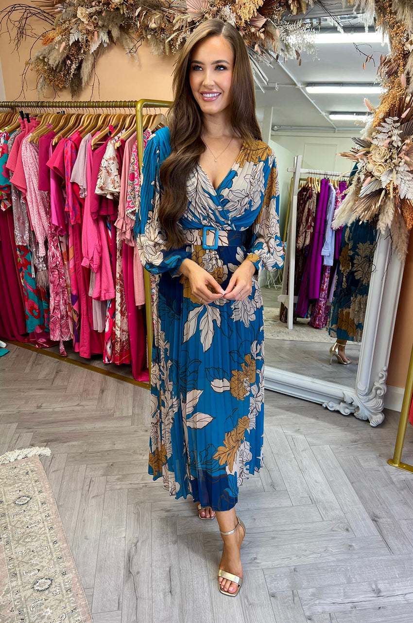 Jess Belted Floral Dress Blue